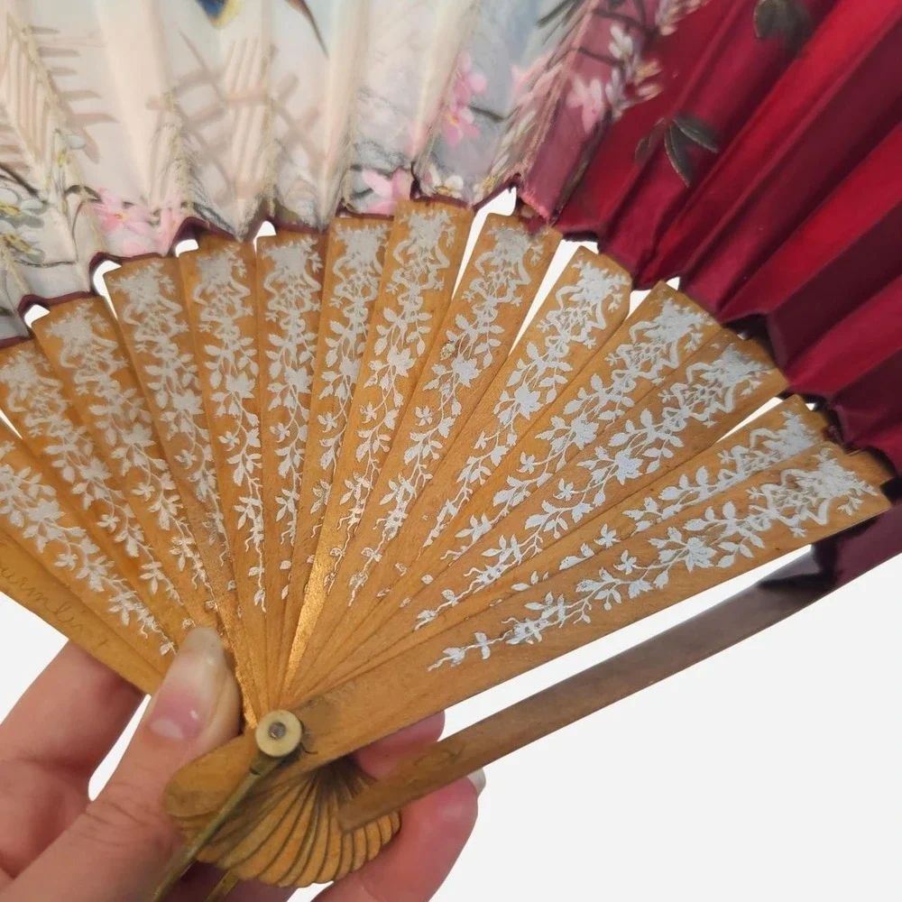 Antique Victorian Hand Painted Fan Birds Blue & Red Floral 1800s Rare Art Flower